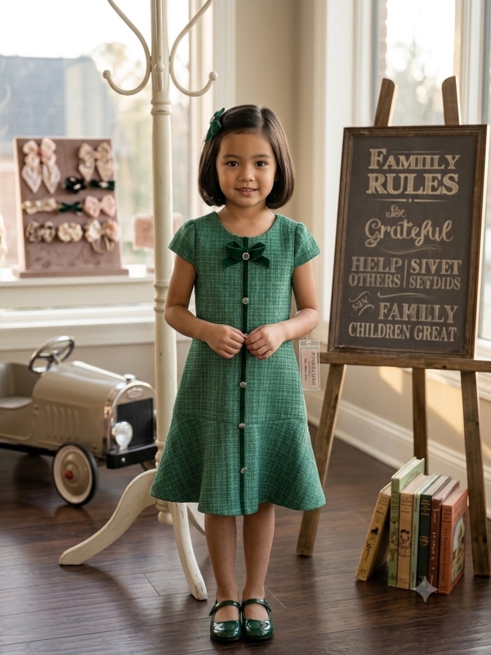 Biscotti Girls Elegant Green Tweed Dress - Size 10 - Special Occasion